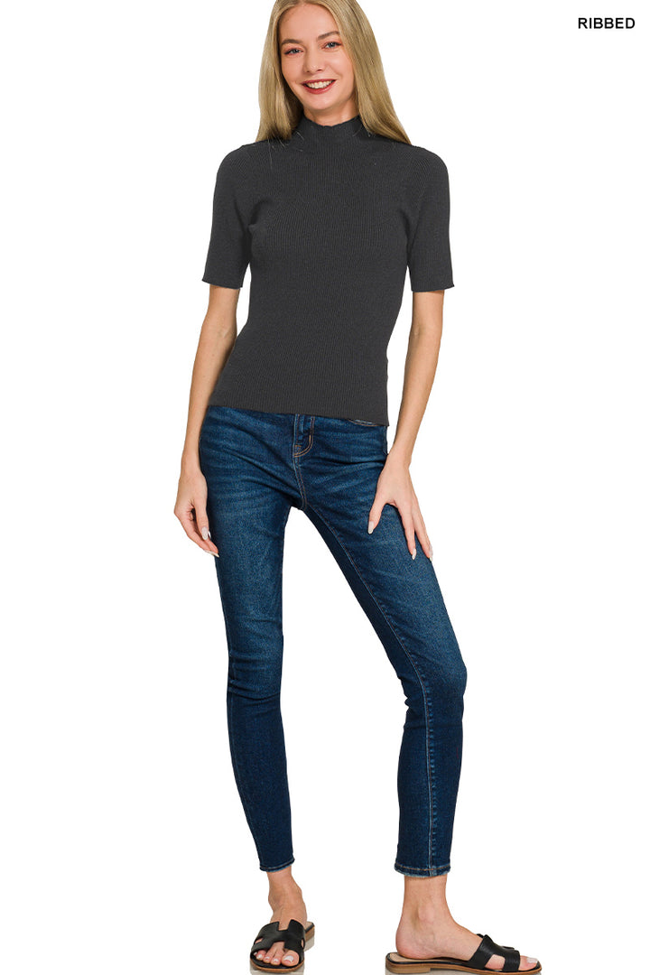 Ribbed knit mock neck short sleeve sweater top
