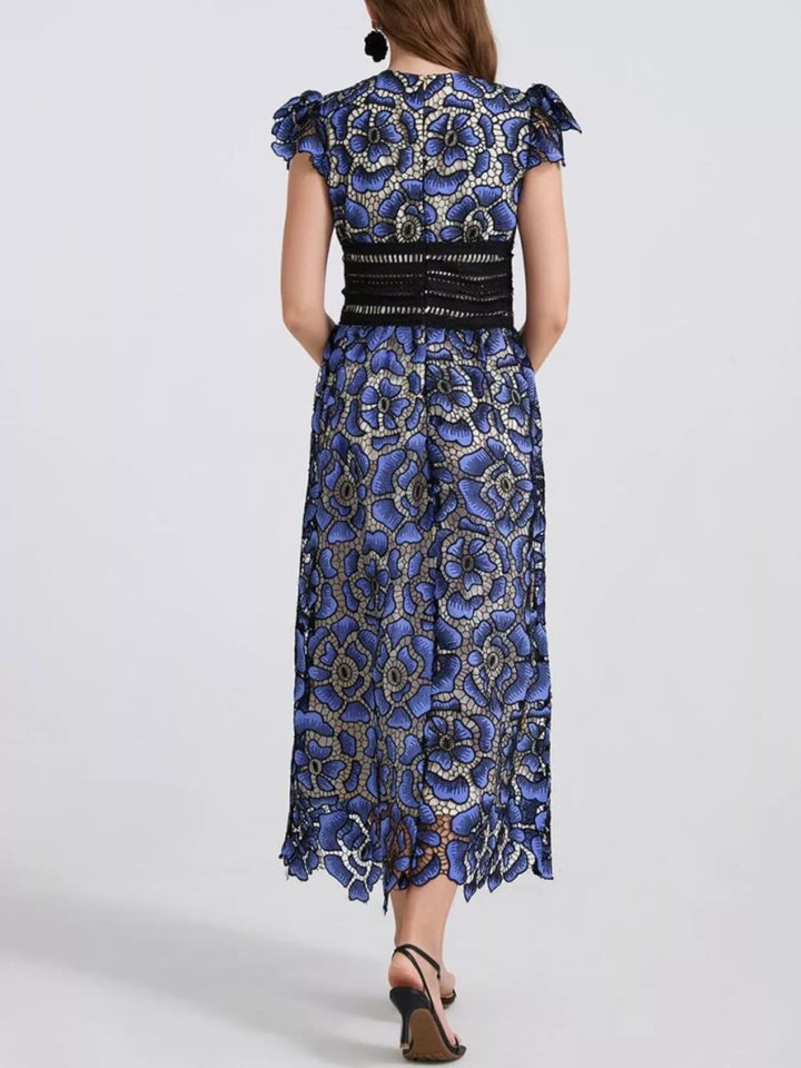 Embroidered floral lace V-neck midi dress with flutter sleeves