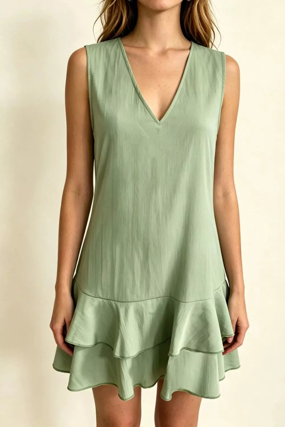 Sage Full Size Sleeveless V-Neck Ruffle Hem Mini Dress Plus Size