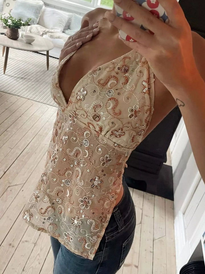 Floral sequin embroidered halter neck cami