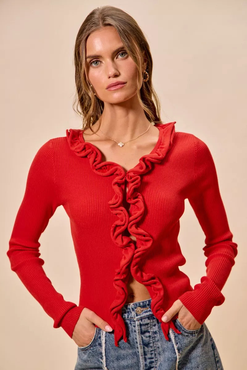 Ribbed knit cardigan with cascade ruffle trim