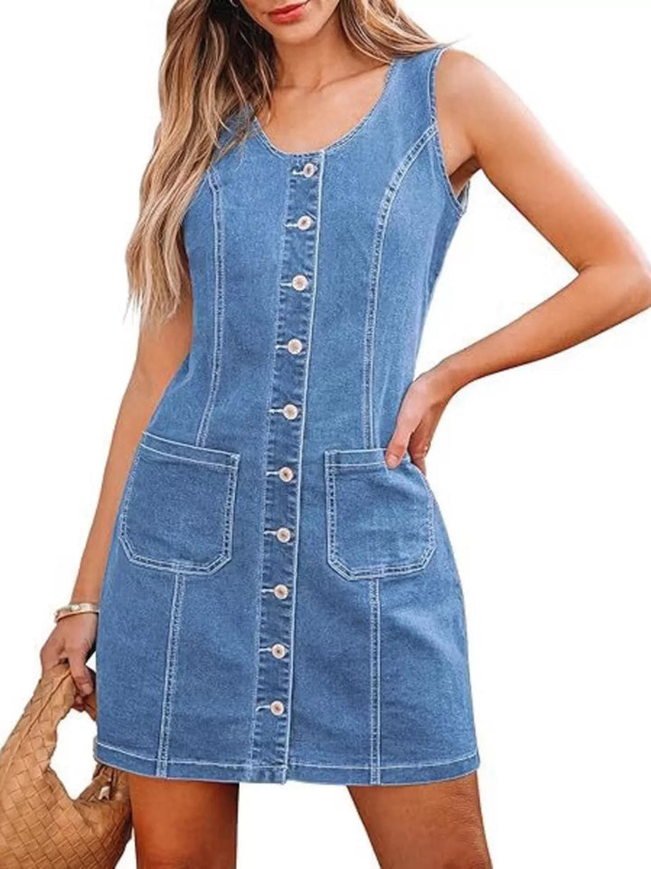 Light Blue Sleeveless button-front denim mini dress with patch pockets