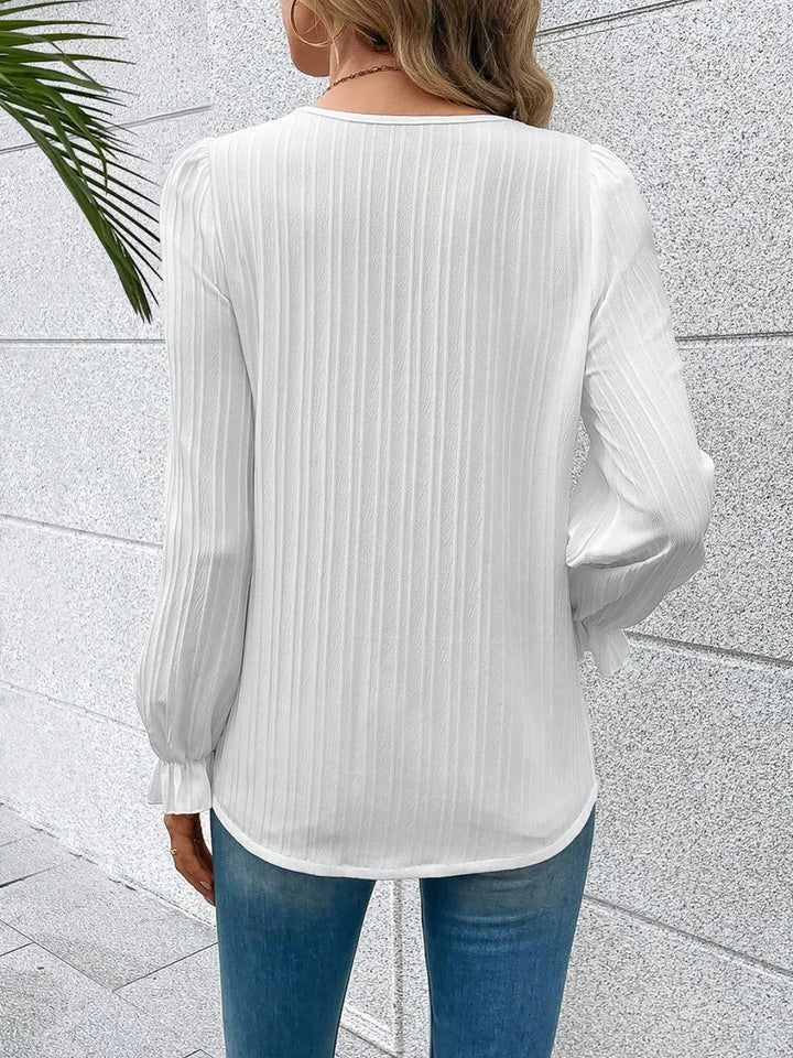 Lace-trim V-neck blouse with flounce sleeves