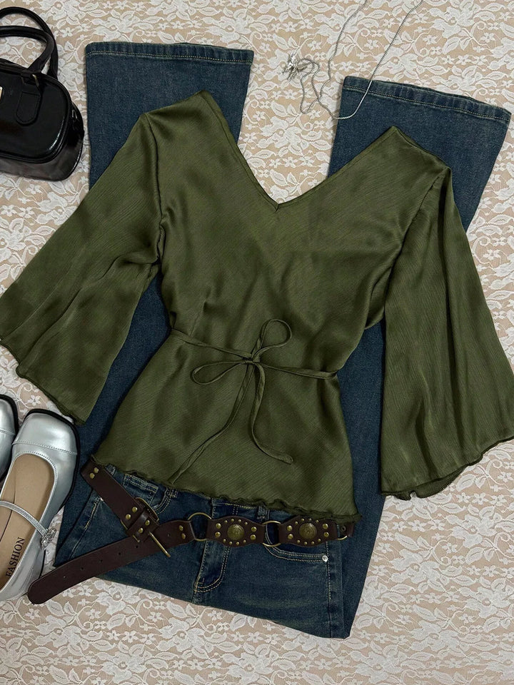 Satin tie-front blouse with bell sleeves and V-neck