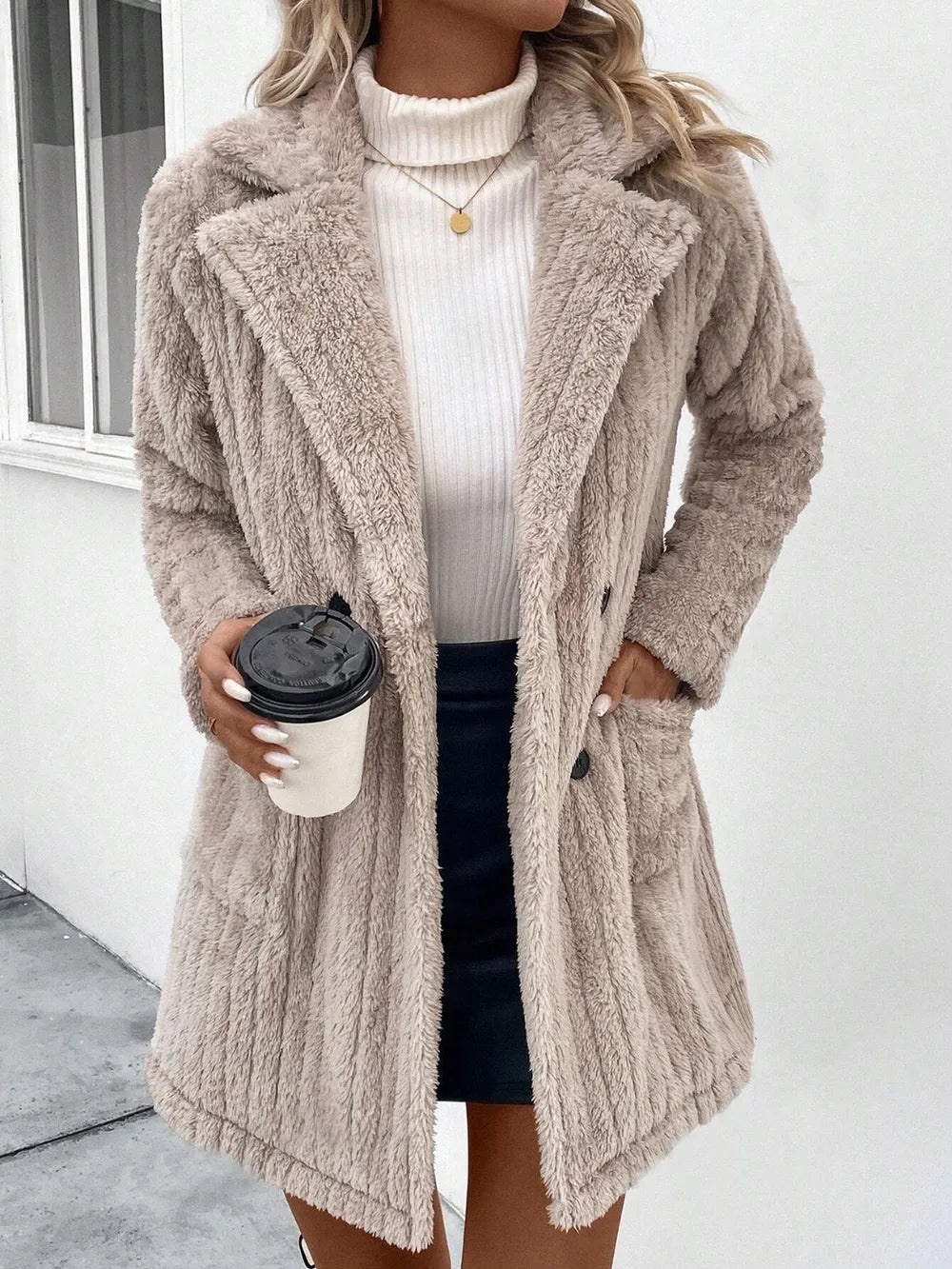 Dust Storm Fuzzy fleece notch lapel longline coat with pockets