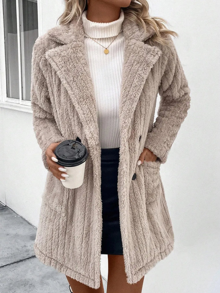 Dust Storm Fuzzy fleece notch lapel longline coat with pockets