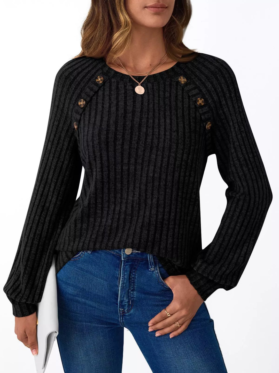 Ribbed knit long sleeve top with decorative shoulder buttons