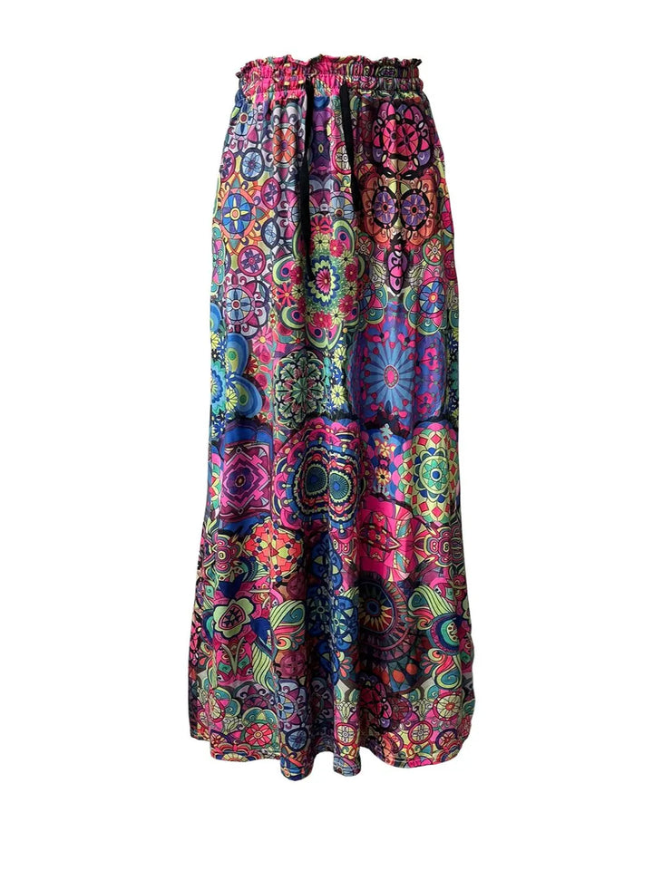 Feather print maxi skirt with drawstring waist and pockets