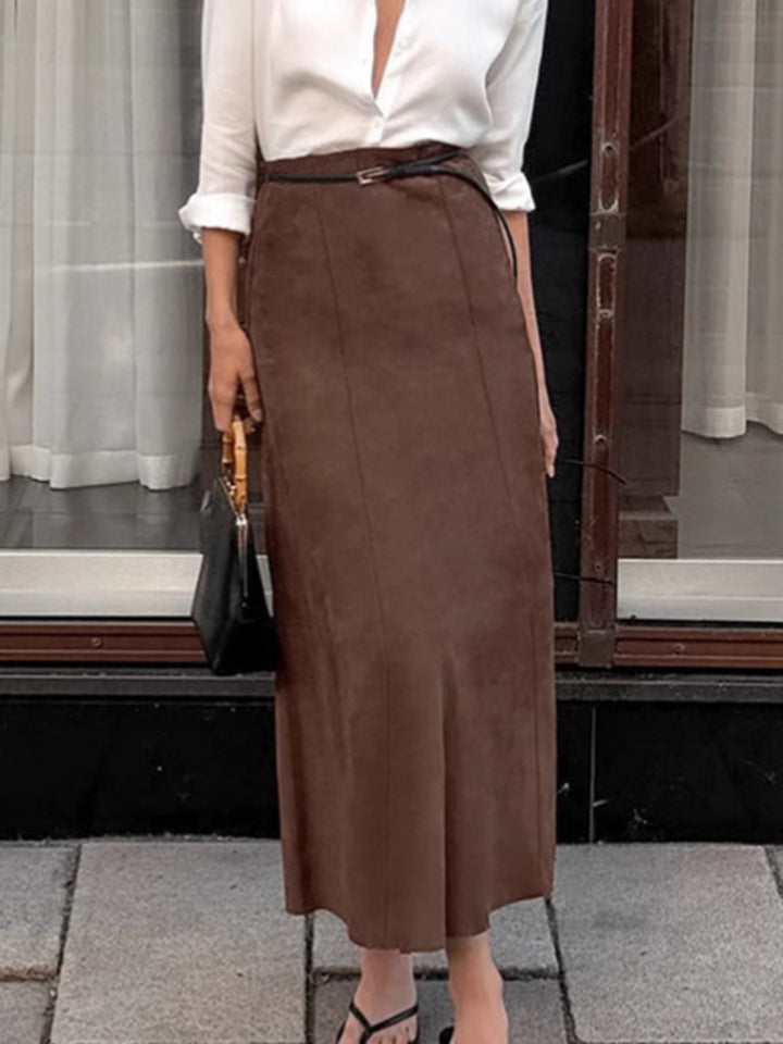 Faux suede high-waist straight midi skirt