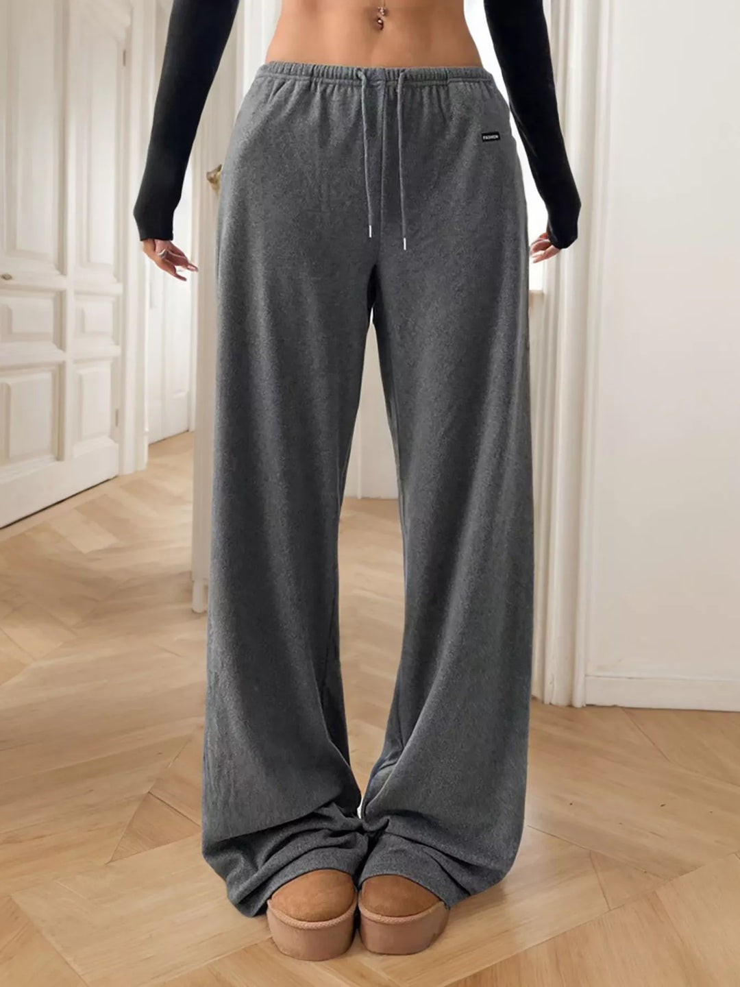 Gray Wide-leg drawstring pants with elasticized waist