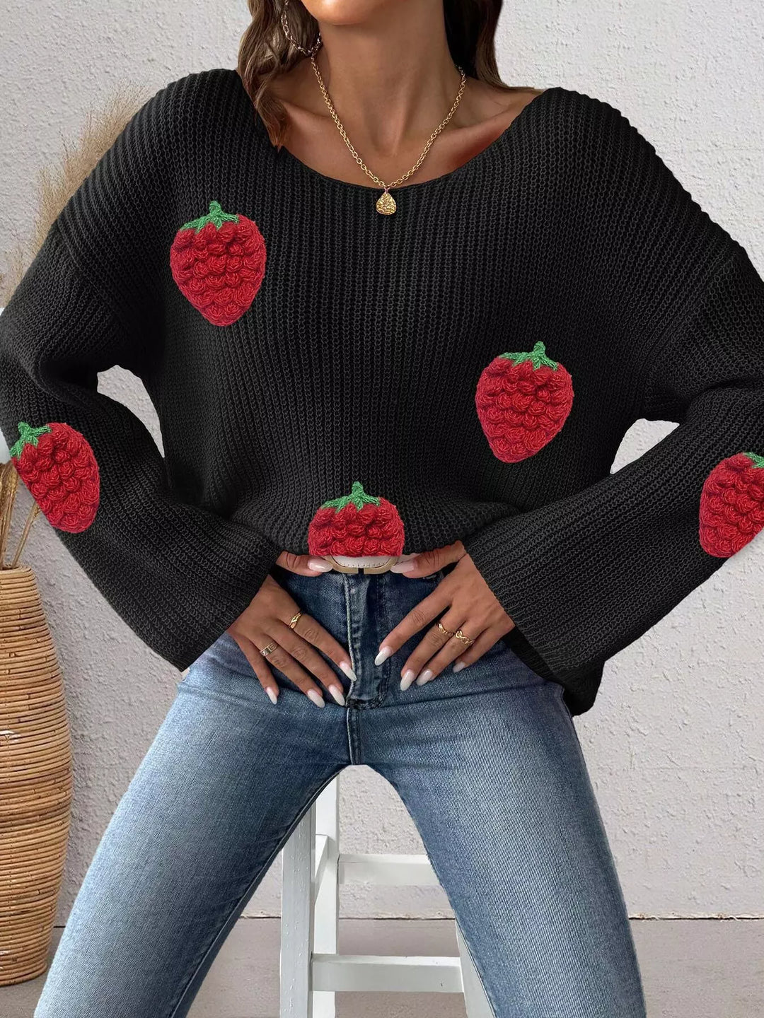 Black Strawberry applique ribbed knit oversized pullover sweater
