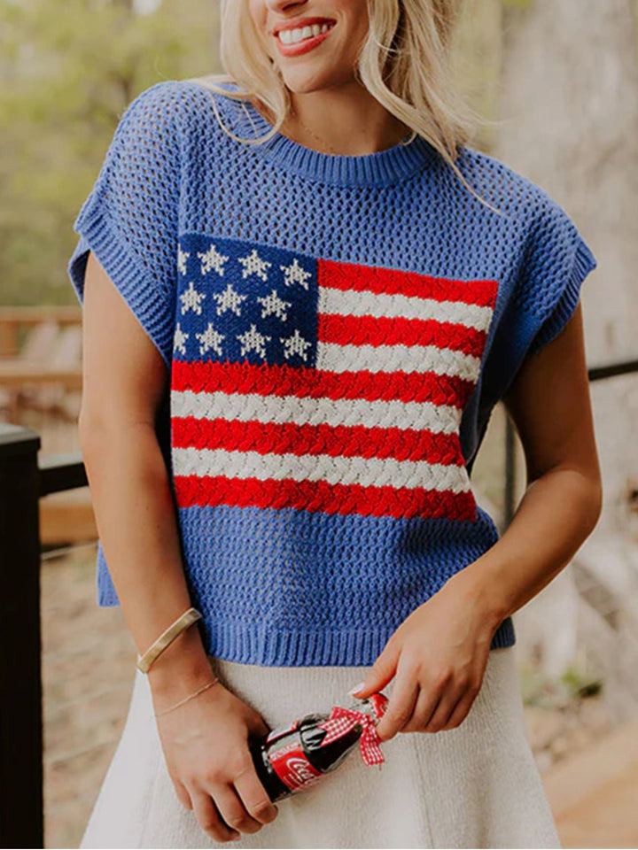Dusty Blue American flag open-knit short sleeve sweater top