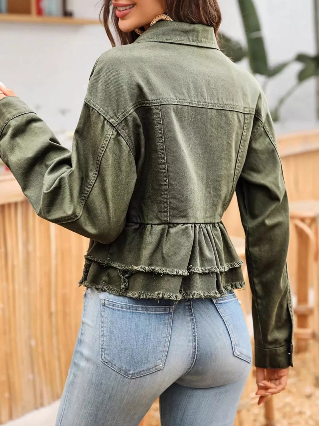Tiered ruffle raw-hem cropped denim jacket