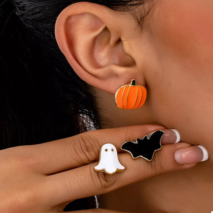 Tangerine Halloween pumpkin, ghost and bat stud earring 3-pair set