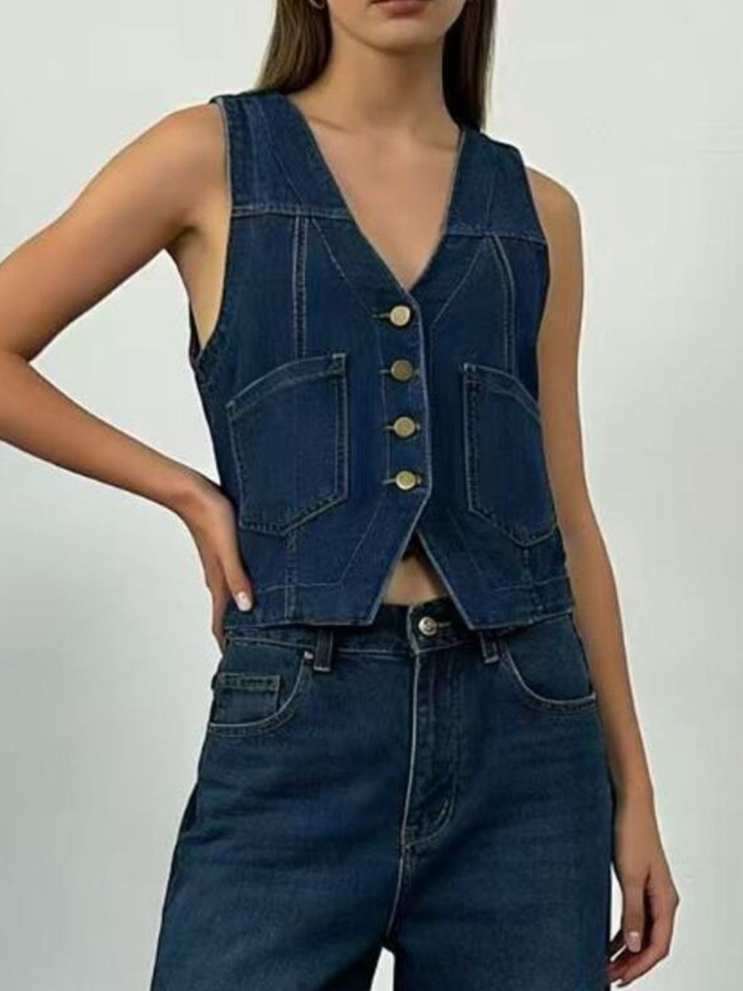Button-down denim vest with patch pockets