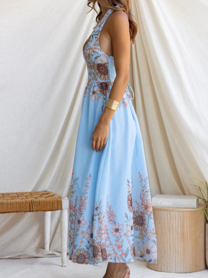 Sunflower print halter maxi dress with plunge neckline