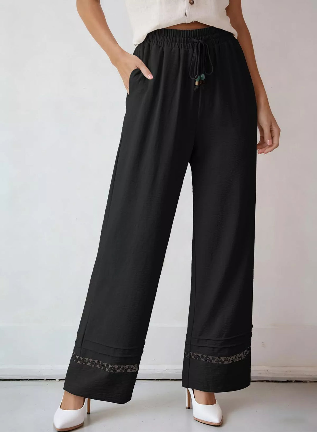 Wide leg drawstring pants with embroidered lace hem