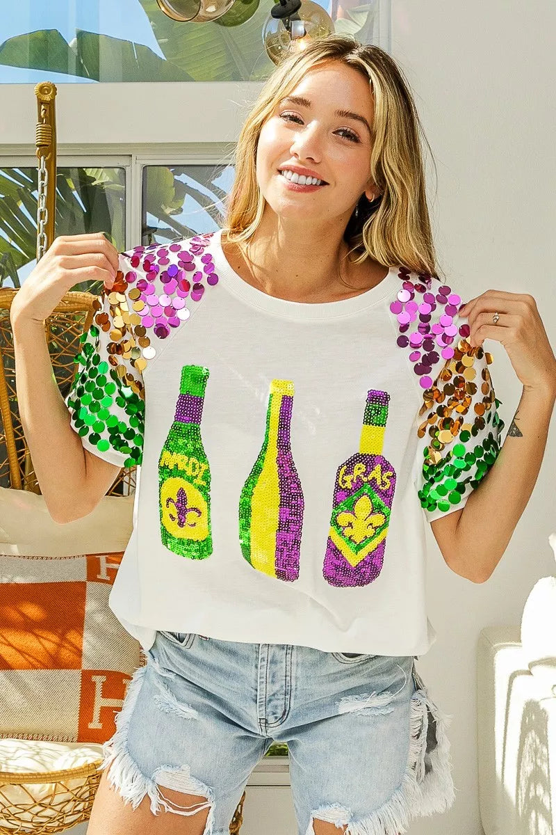 Sequin Mardi Gras bottles graphic tee with paillette sleeves
