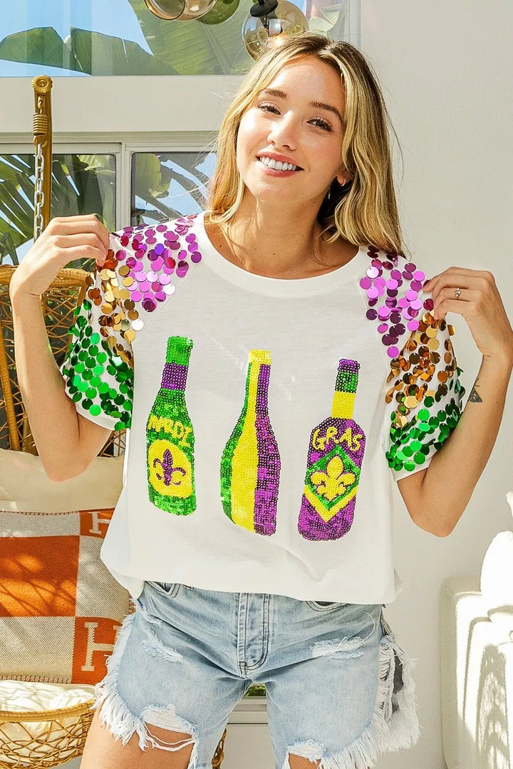 Sequin Mardi Gras bottles graphic tee with paillette sleeves