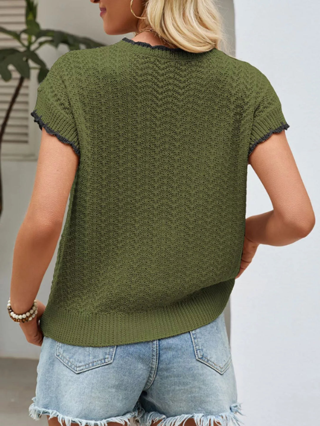 Tie-front openwork knit top with contrast trim