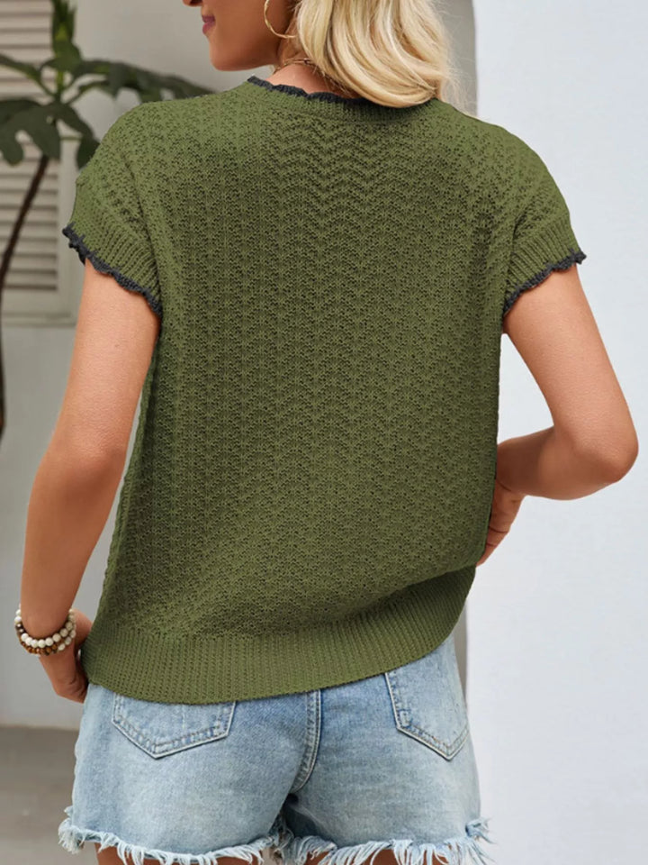 Tie-front openwork knit top with contrast trim