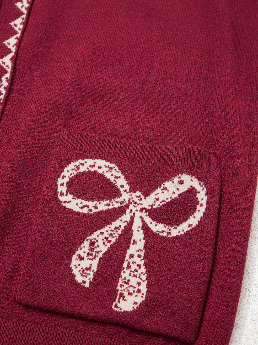 Lace trim bow pocket knit button-down cardigan