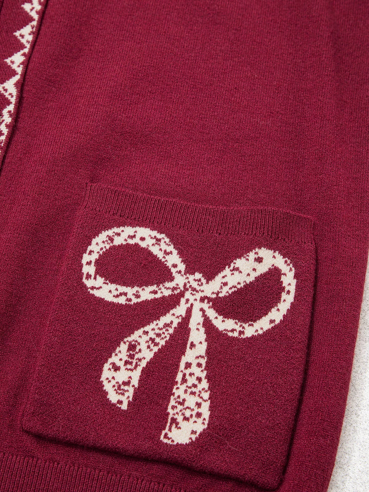 Lace trim bow pocket knit button-down cardigan