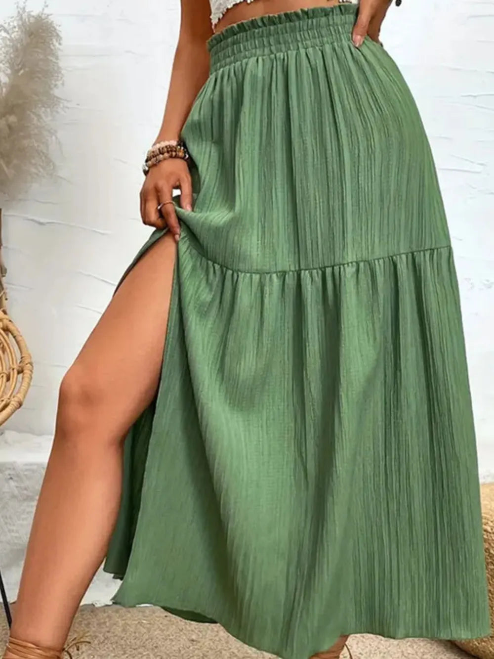 Tiered crinkle midi skirt with smocked waist and front slit