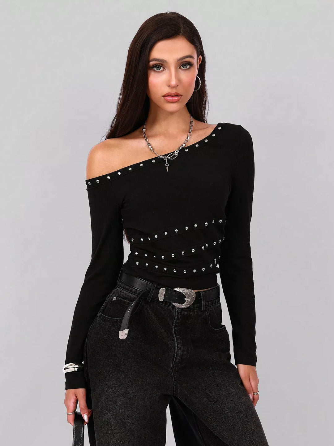 Studded one-shoulder long sleeve top with waist trim