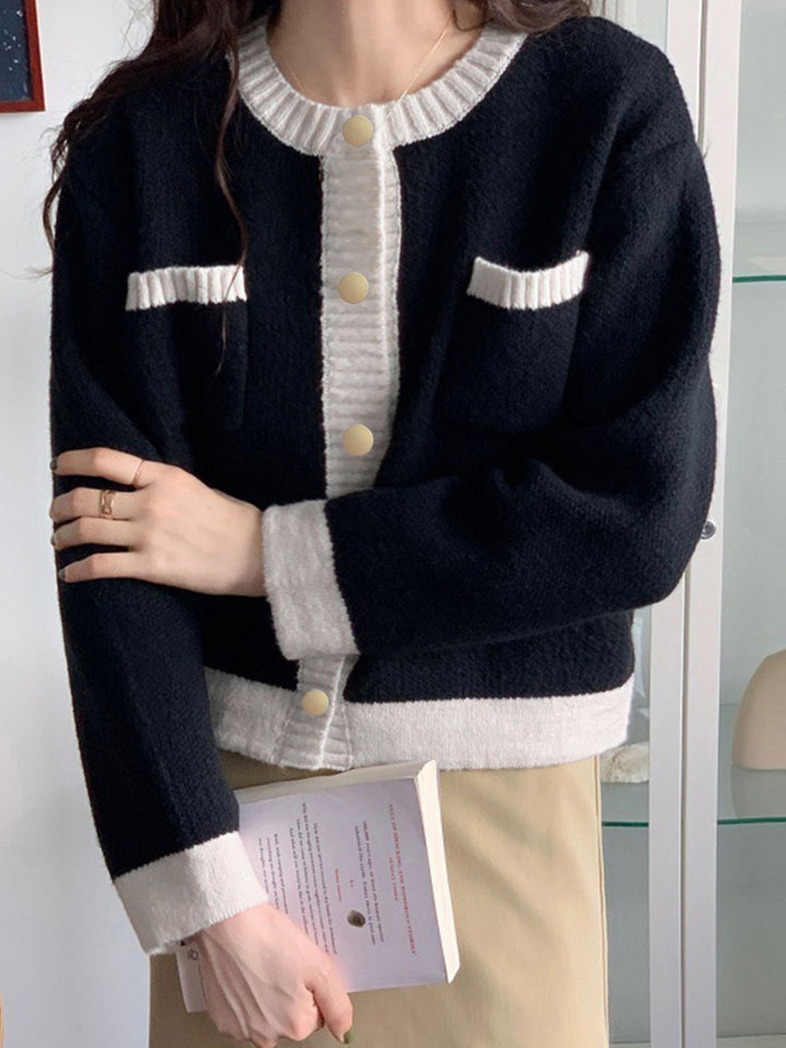 Contrast-trim button-up knit cardigan with patch pockets