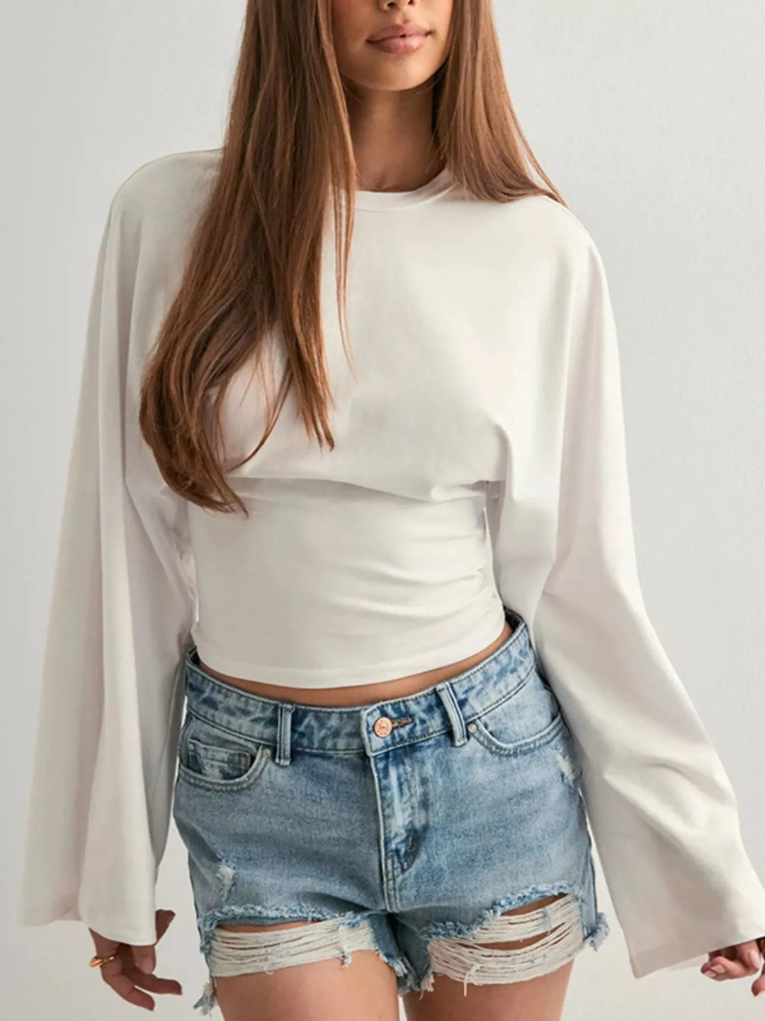 White Fitted long sleeve top with flared bell sleeves