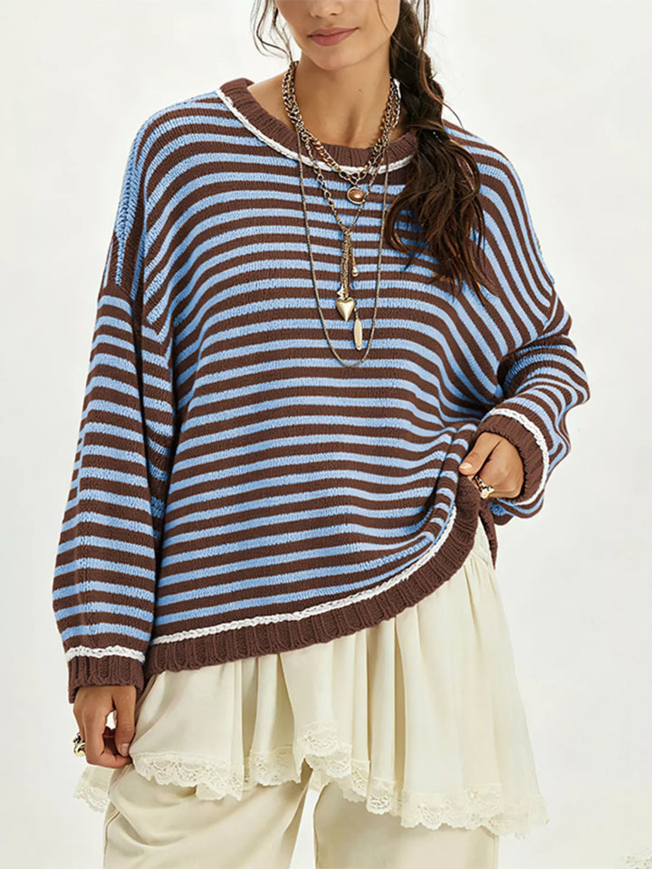 Brown Oversized striped drop-shoulder sweater with ribbed trim