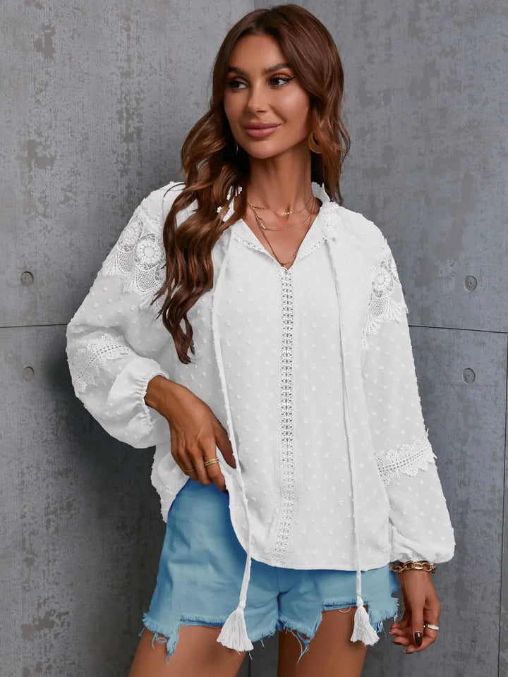 White Crochet trim swiss dot tie-neck long sleeve blouse