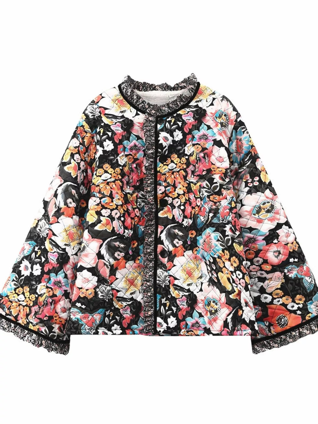 Floral print quilted jacket with sherpa lining and contrast trim