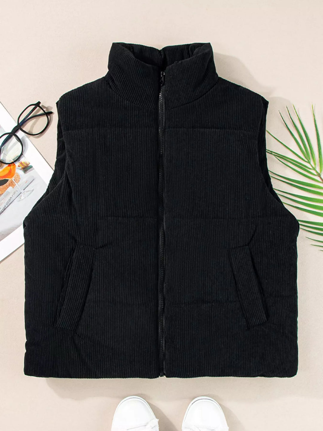 Corduroy stand collar zip-up puffer vest