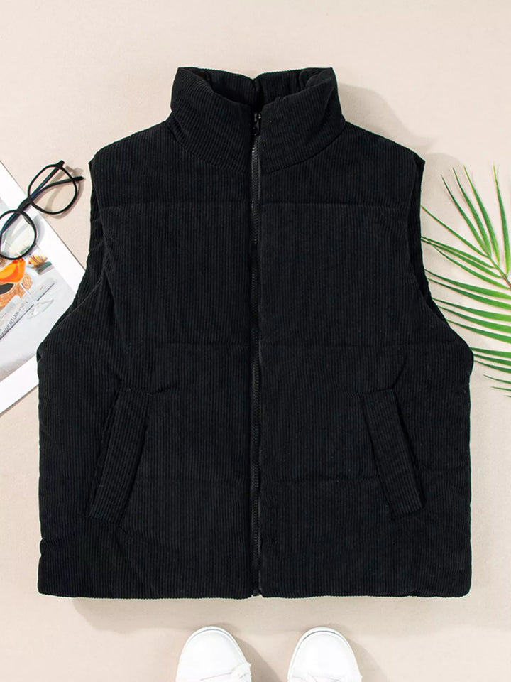 Corduroy stand collar zip-up puffer vest