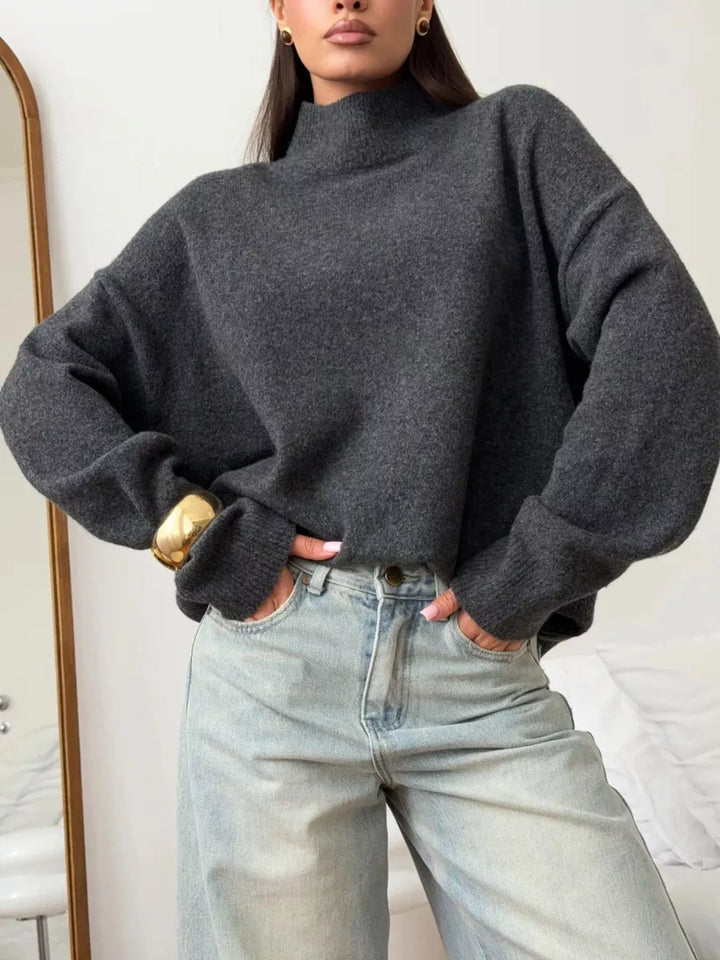 Ribbed mock neck dropped shoulder knit sweater