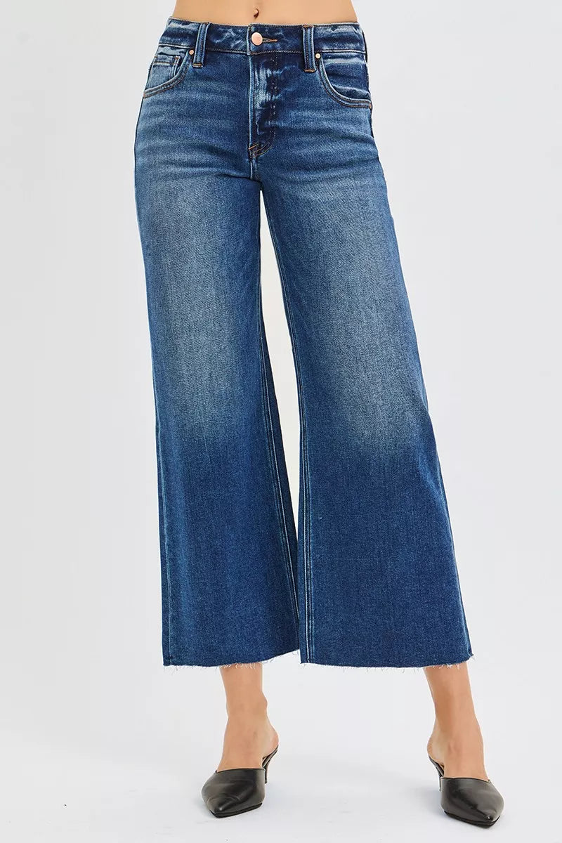 DARK Mid-rise wide-leg cropped jeans with raw frayed hem