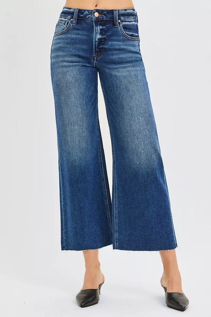 DARK Mid-rise wide-leg cropped jeans with raw frayed hem