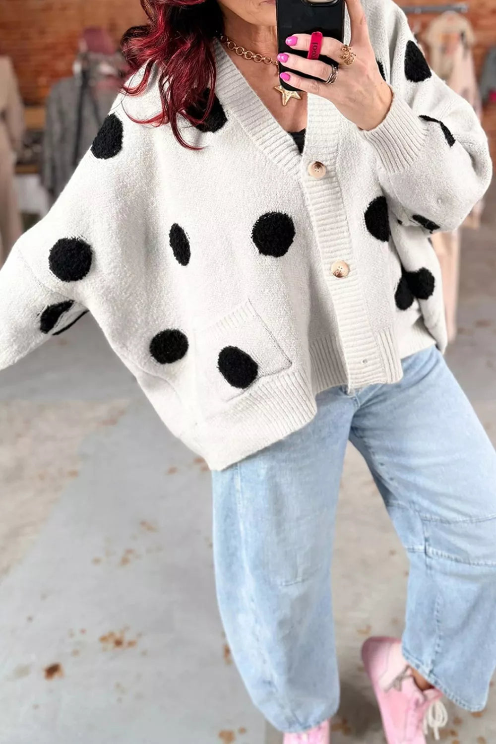 Fuzzy polka dot button-up knit cardigan with pockets