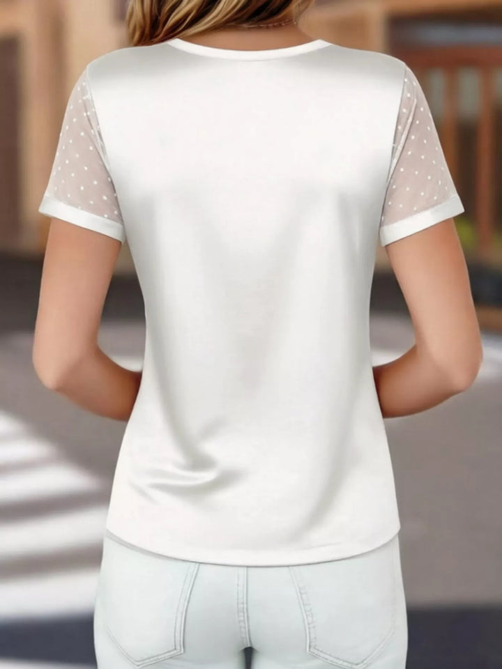 Satin v-neck top with sheer polka dot mesh sleeves
