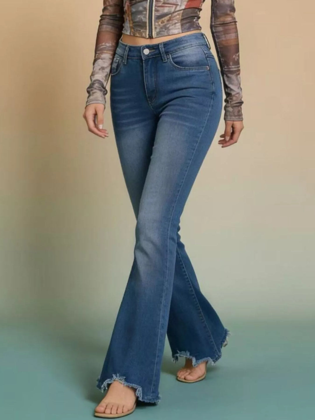 Raw hem high-rise flare jeans with whiskered wash