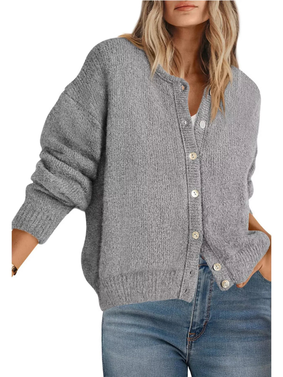 Gray Button-front dropped shoulder knit cardigan