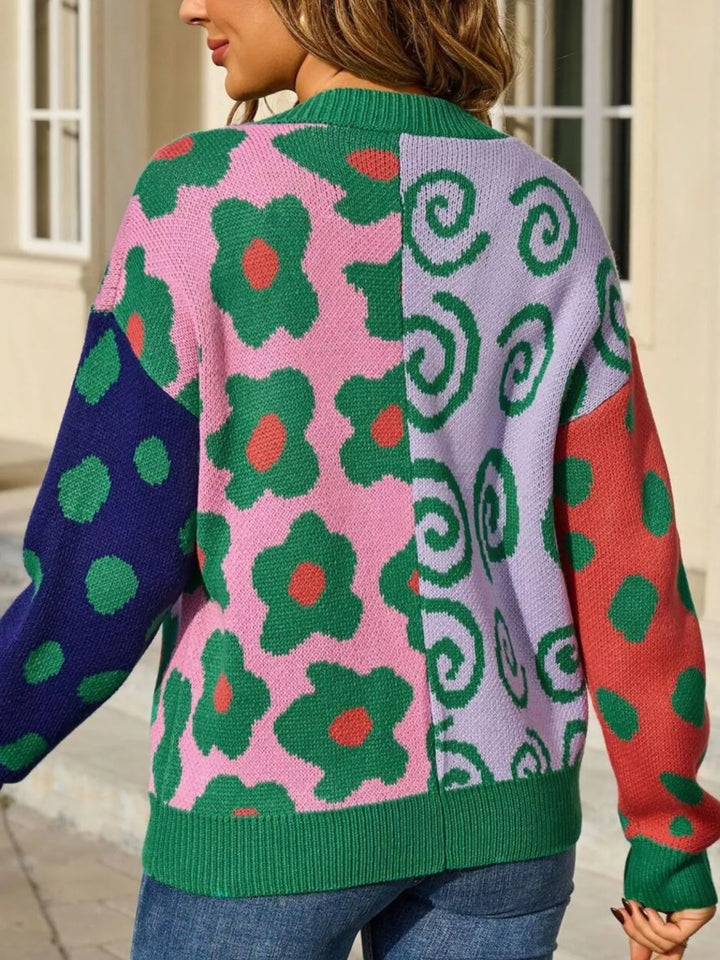 Floral colorblock open-front knit cardigan