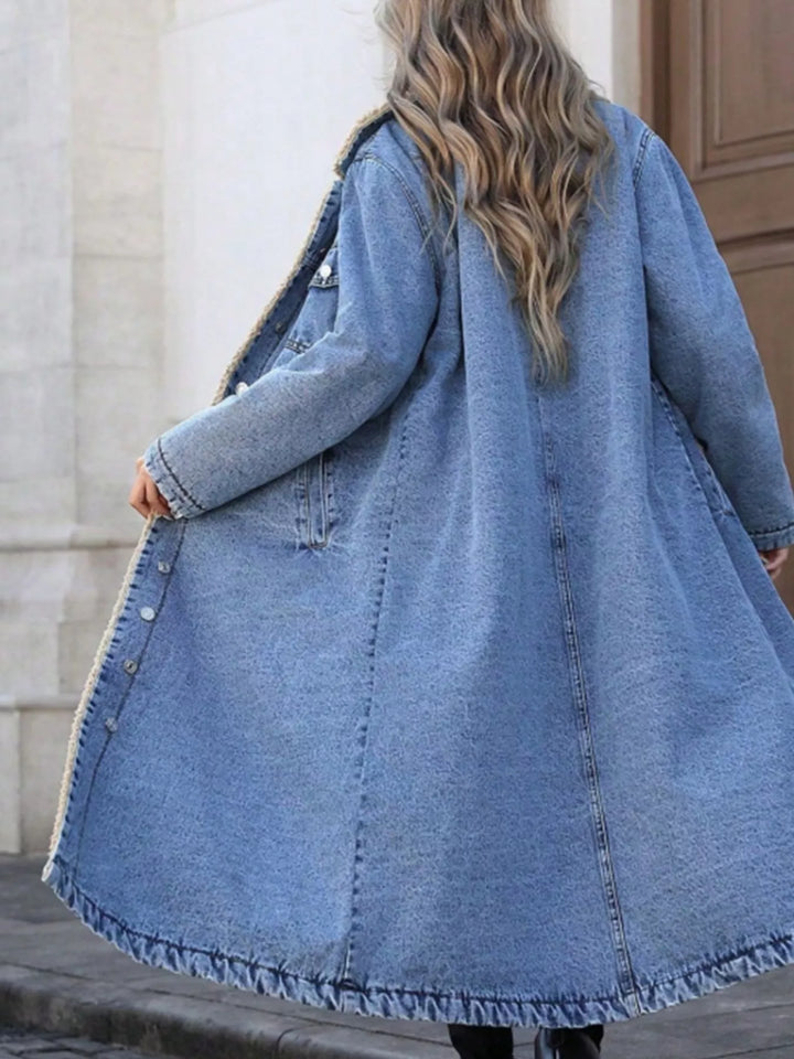 Sherpa-lined longline button-front denim jacket
