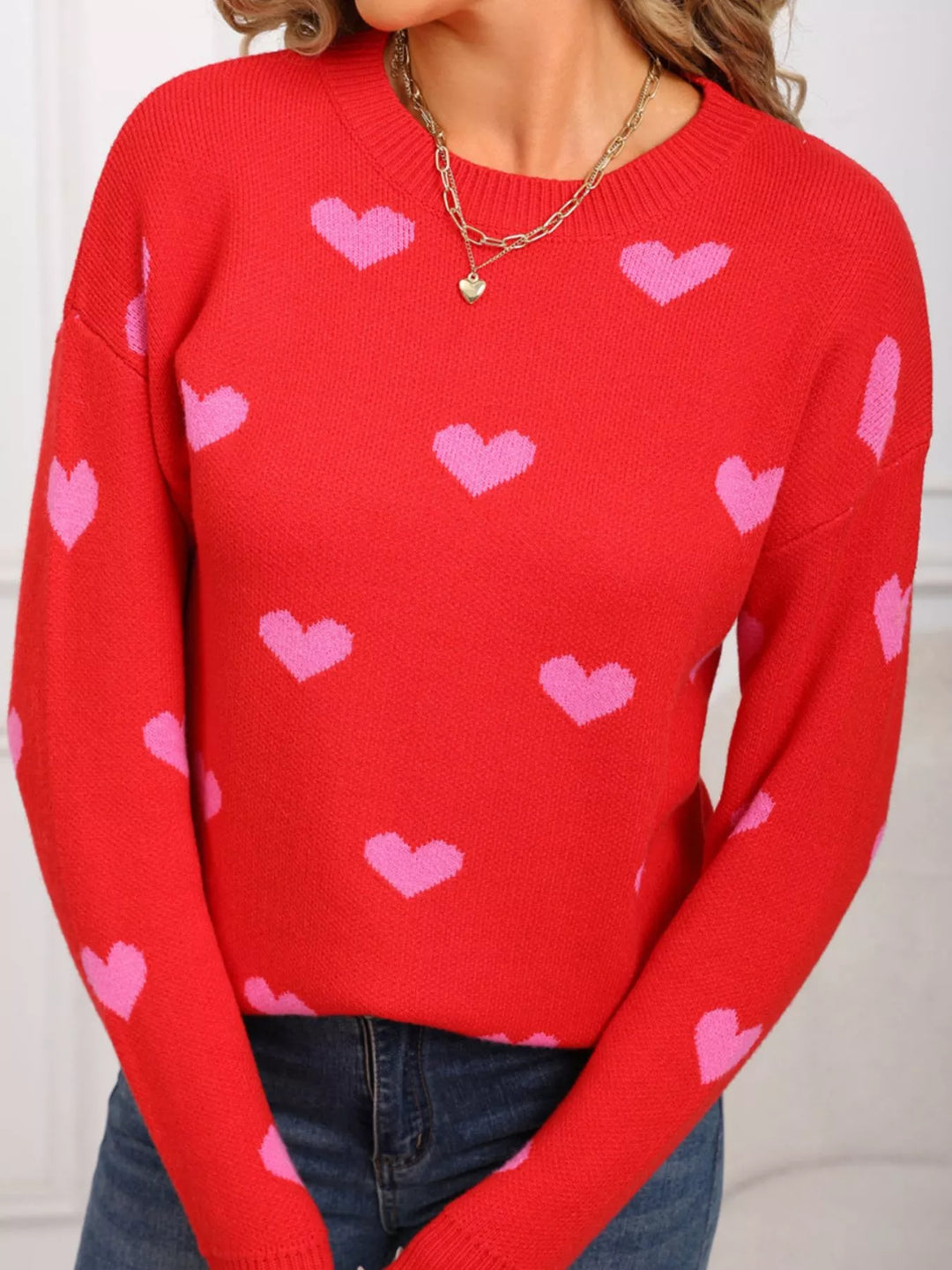 Heart pattern dropped shoulder crew neck sweater