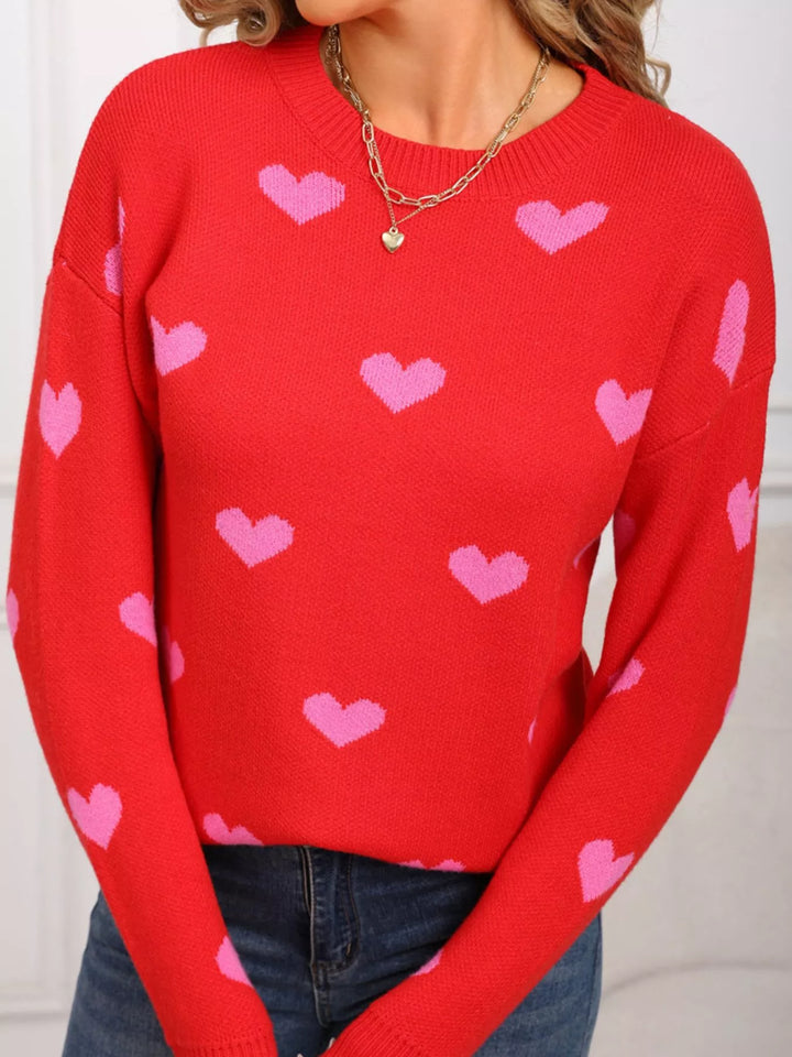 Heart pattern dropped shoulder crew neck sweater