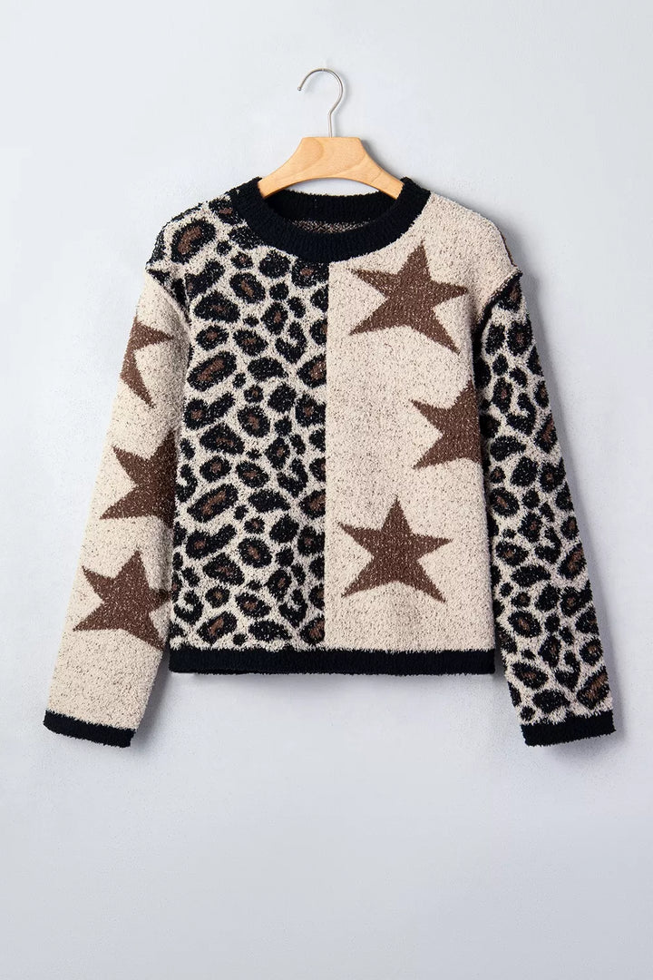 Leopard and star colorblock fuzzy knit pullover sweater