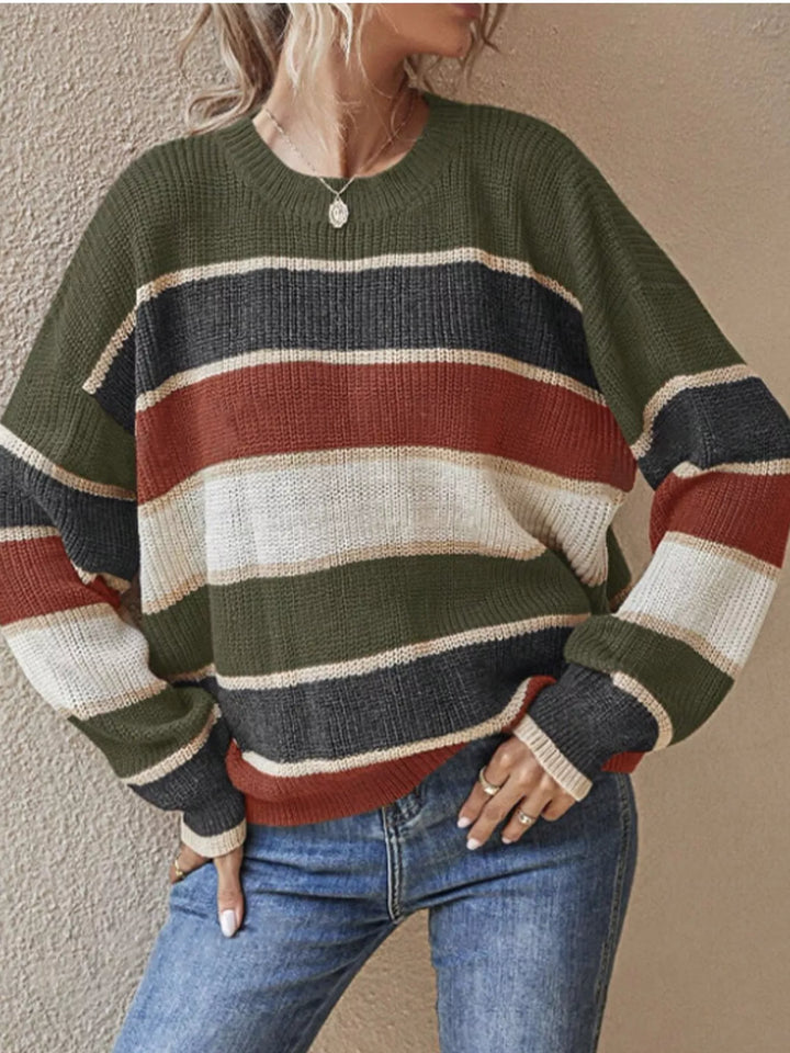 Color block striped crew neck knit sweater