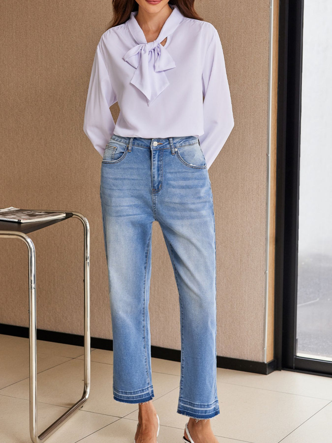 High-rise whiskered wash raw hem cropped jeans